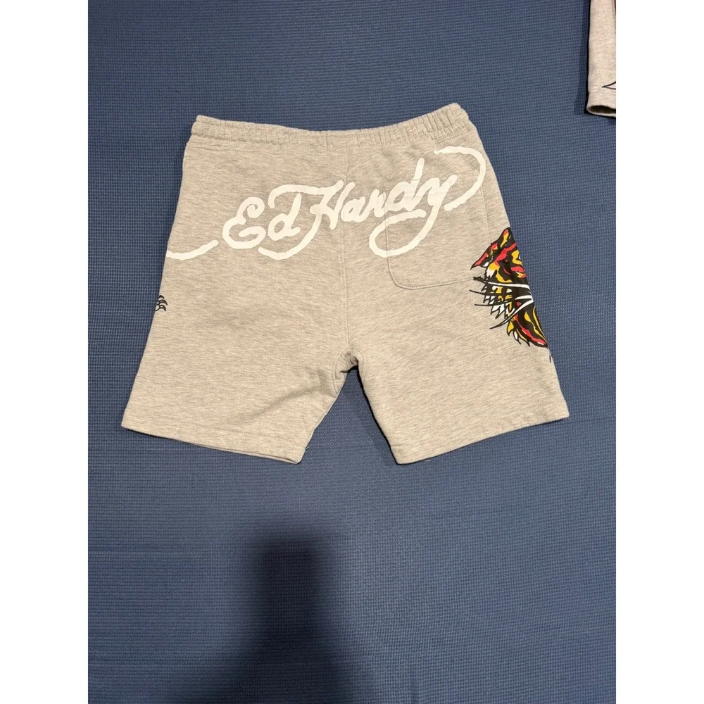Ed Hardy Mens Tiger Graphic Fleece Sweat Shorts Gray Y2K Streetwear Size M